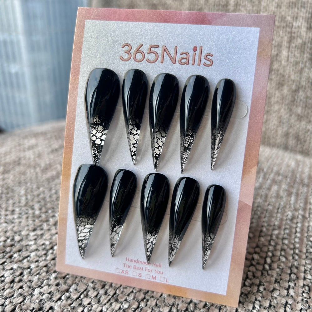 Midnight Serpent Dragon Claw Stiletto Glossy Black with Silver Snake Tips 365Nails Premium Handmade Dragon Nails – Image 2