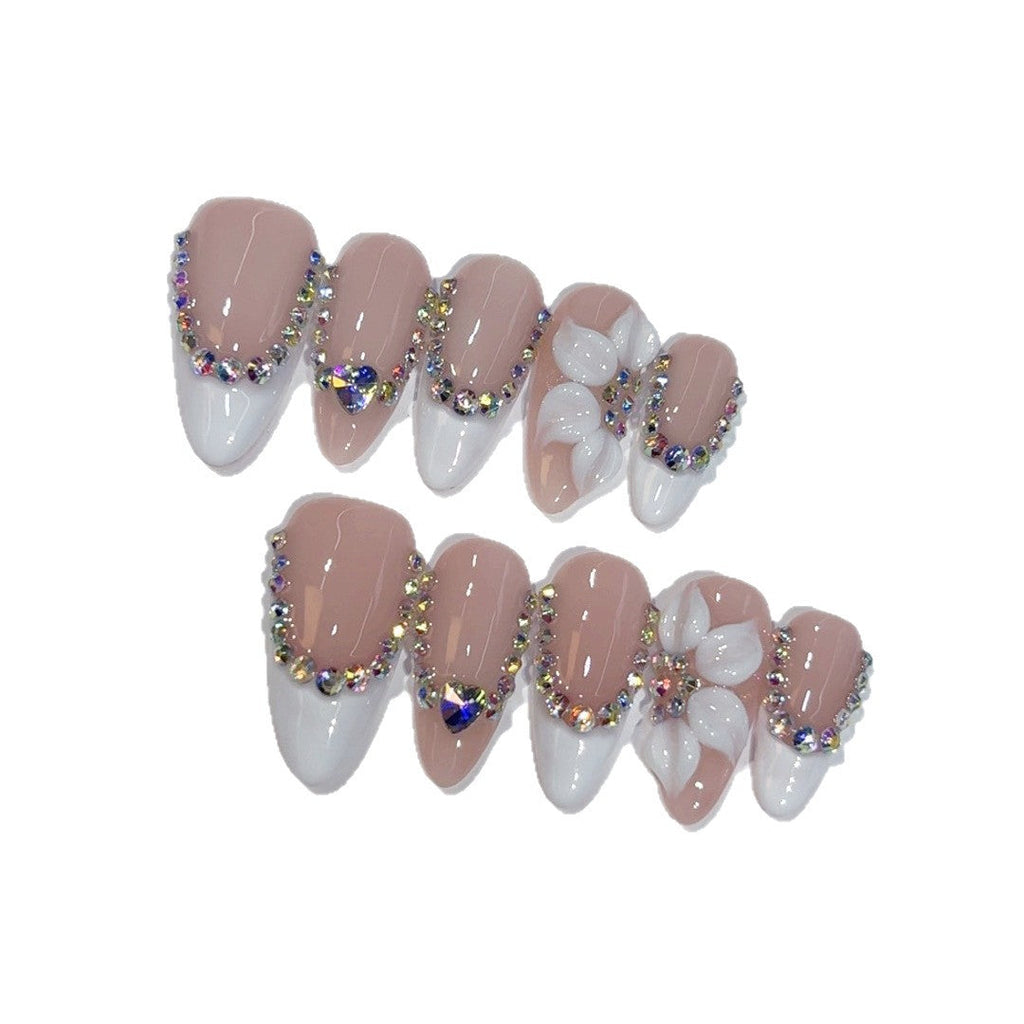 Elegant Rhinestone Floral: "White Flower" – Almond Press-On Nails