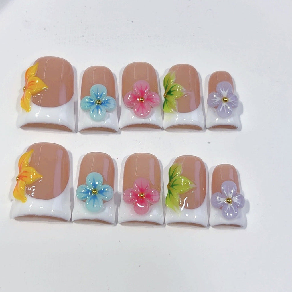 Rainbow Floral French: "Colorful Flower" – Square Press-On Nails