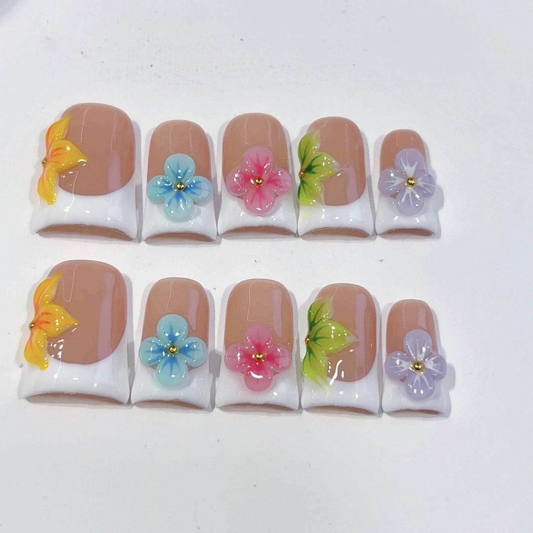 Rainbow Floral French: "Colorful Flower" – Square Press-On Nails