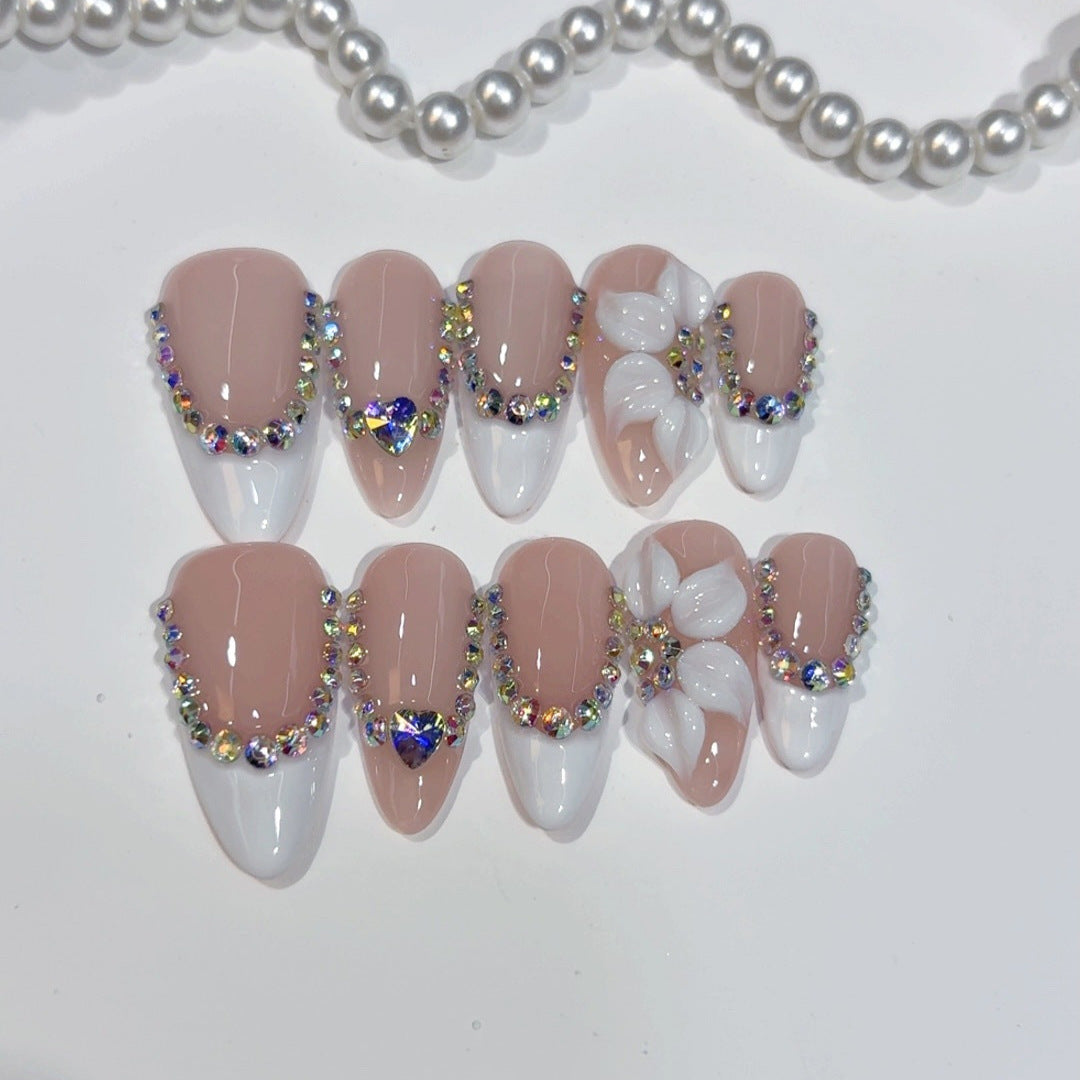 Elegant Rhinestone Floral: "White Flower" – Almond Press-On Nails