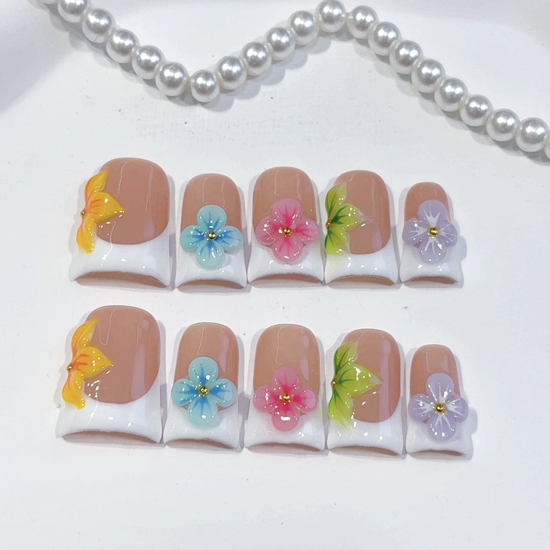 Rainbow Floral French: "Colorful Flower" – Square Press-On Nails