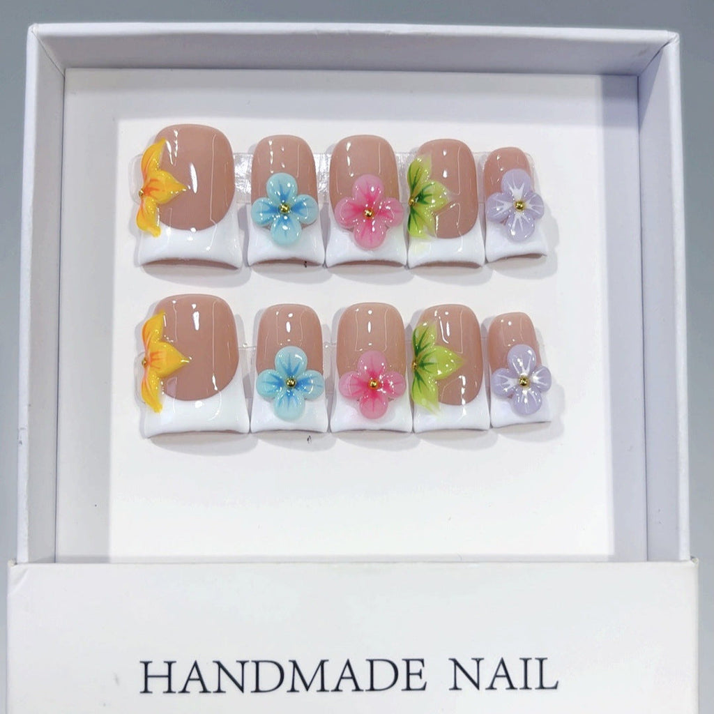 Rainbow Floral French: "Colorful Flower" – Square Press-On Nails
