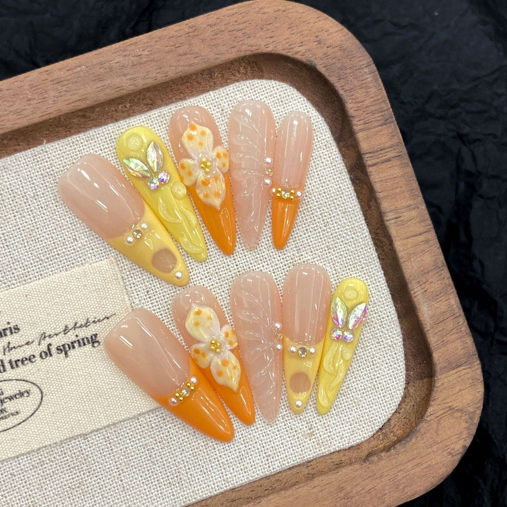 365nails: "Citrus Garden" – 3D Floral & Butterfly Handmade Long Almond Nails