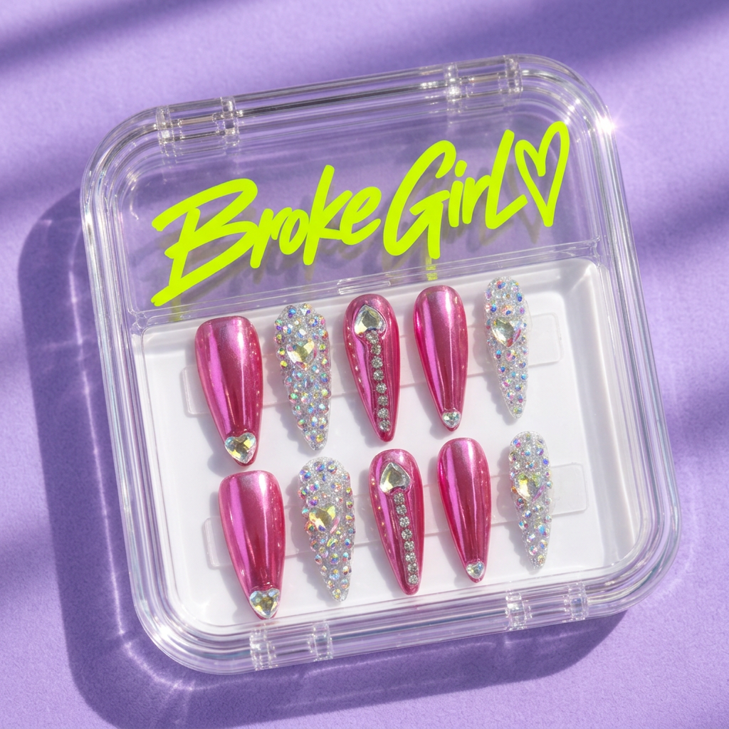 Broke Girl Barbie Glam Pink Heart Nails in Branded Acrylic Box