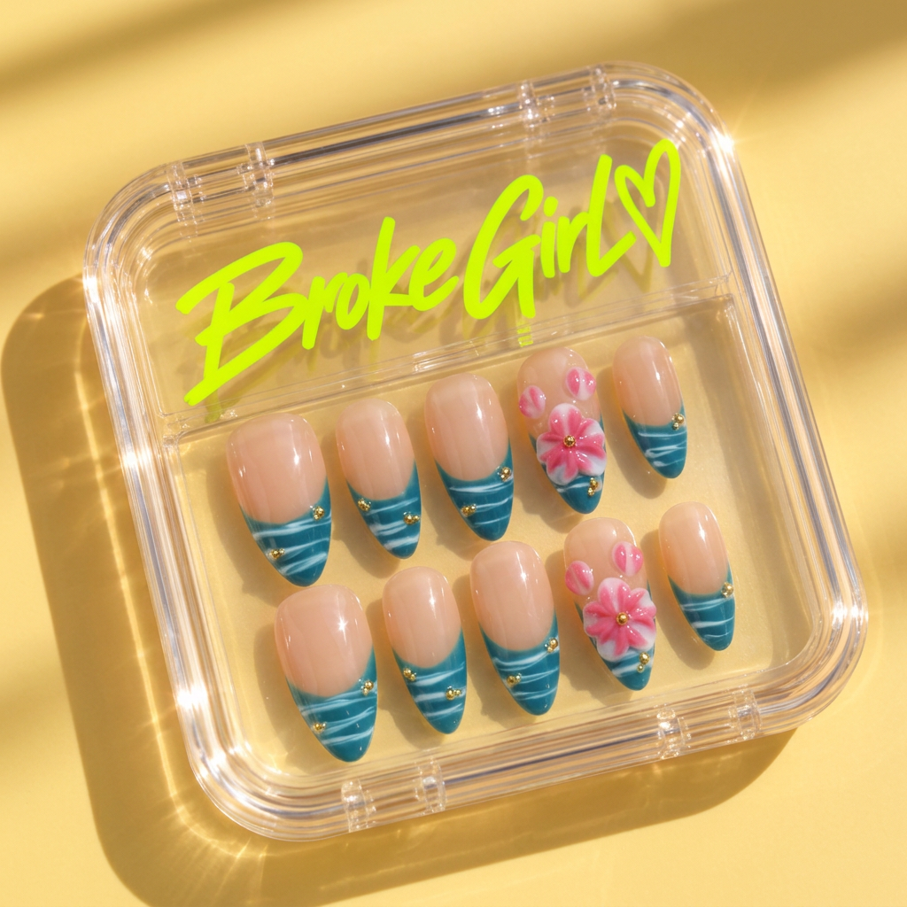 Broke Girl Beach Wave Teal Nails in Branded Acrylic Box