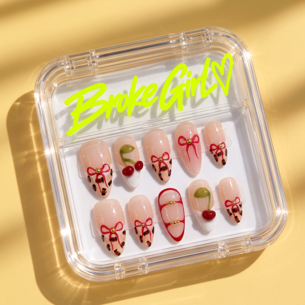Broke Girl Cherry Bow Leopard Nails in Branded Acrylic Box