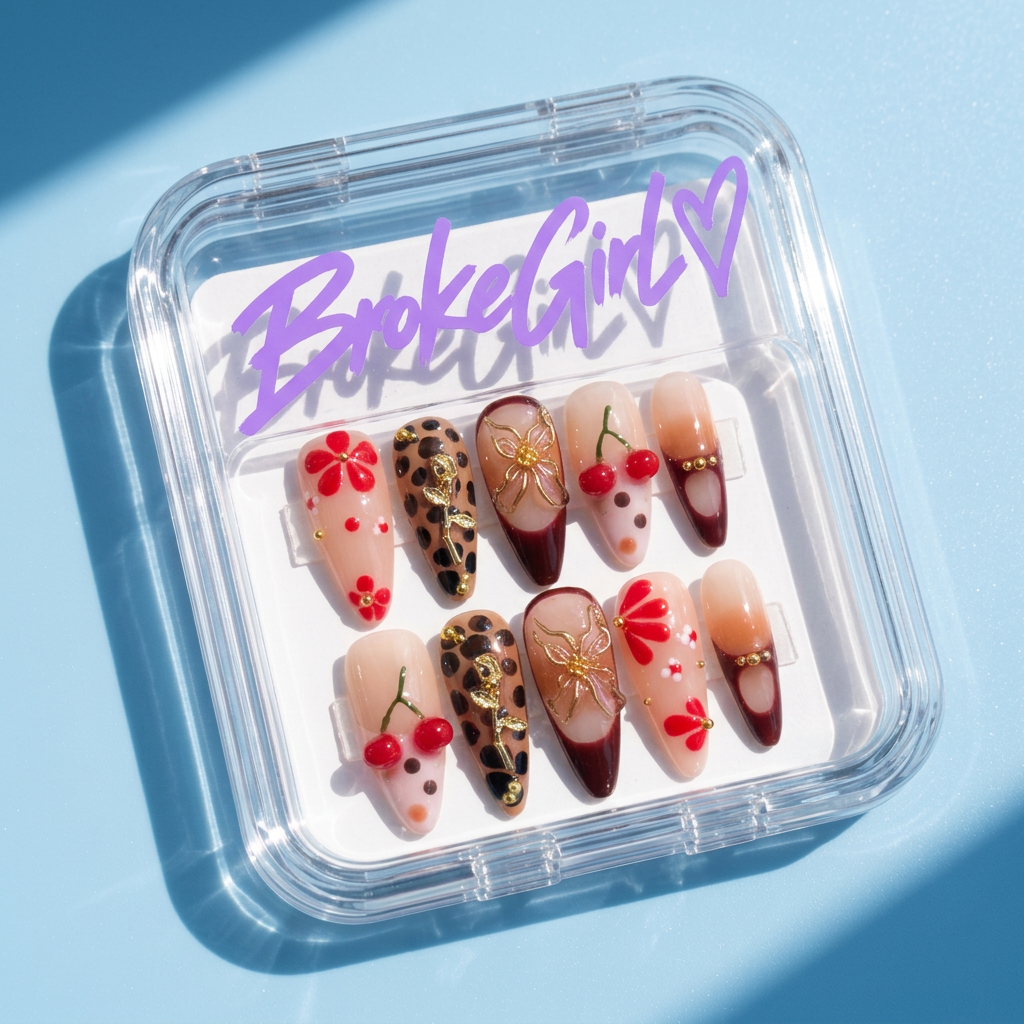 Broke Girl Cherry Leopard Fantasy Nails in Branded Acrylic Box