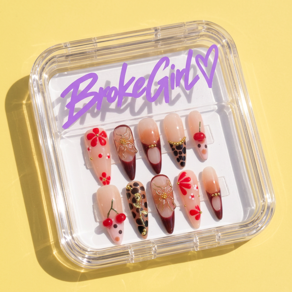 Broke Girl Cherry Leopard Floral Nails in Branded Acrylic Box