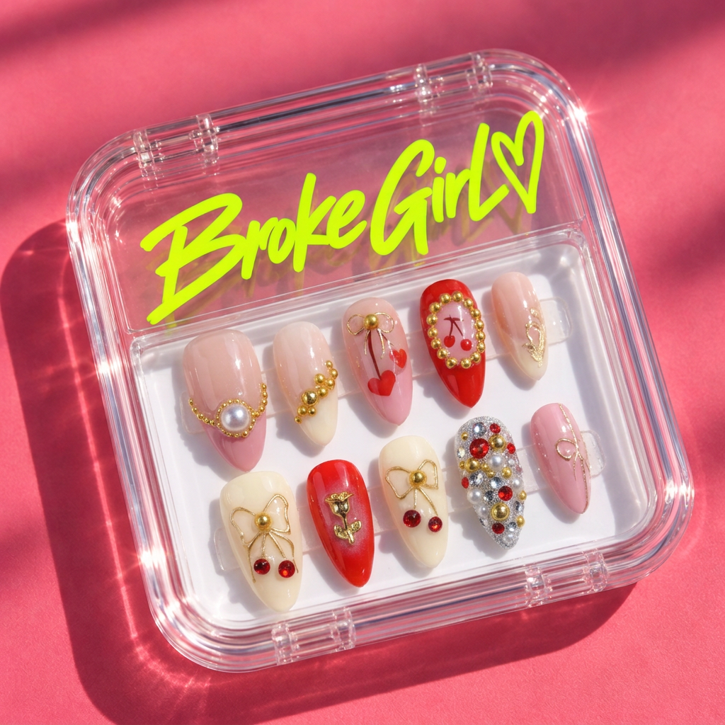 Broke Girl Cherry Rose Gala Festive Nails in Branded Acrylic Box