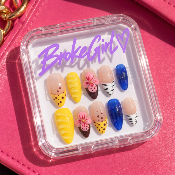 Color Mix Press‑On Nail Set with 3D Flower Design