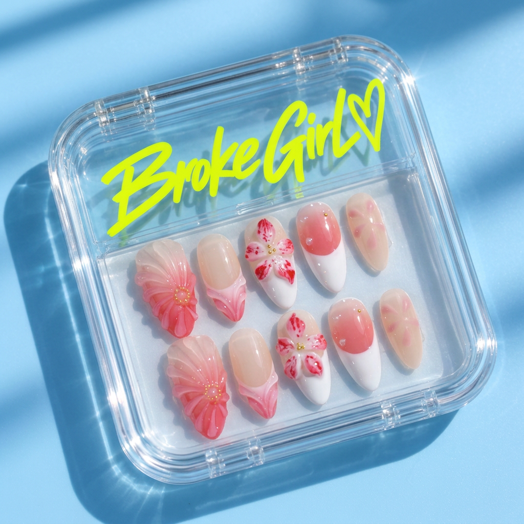Broke Girl Coral Sakura Gradient Nails in Branded Acrylic Box