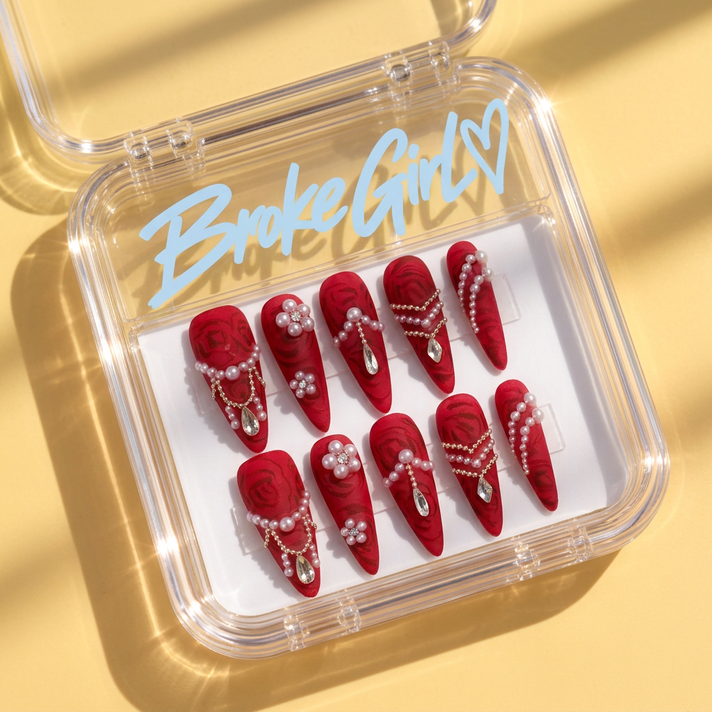 Broke Girl Crimson Velvet Pearl Nails in Branded Acrylic Box