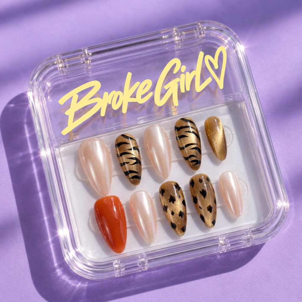 Broke Girl Pearl Nude Animal Print Nails in Branded Acrylic Box