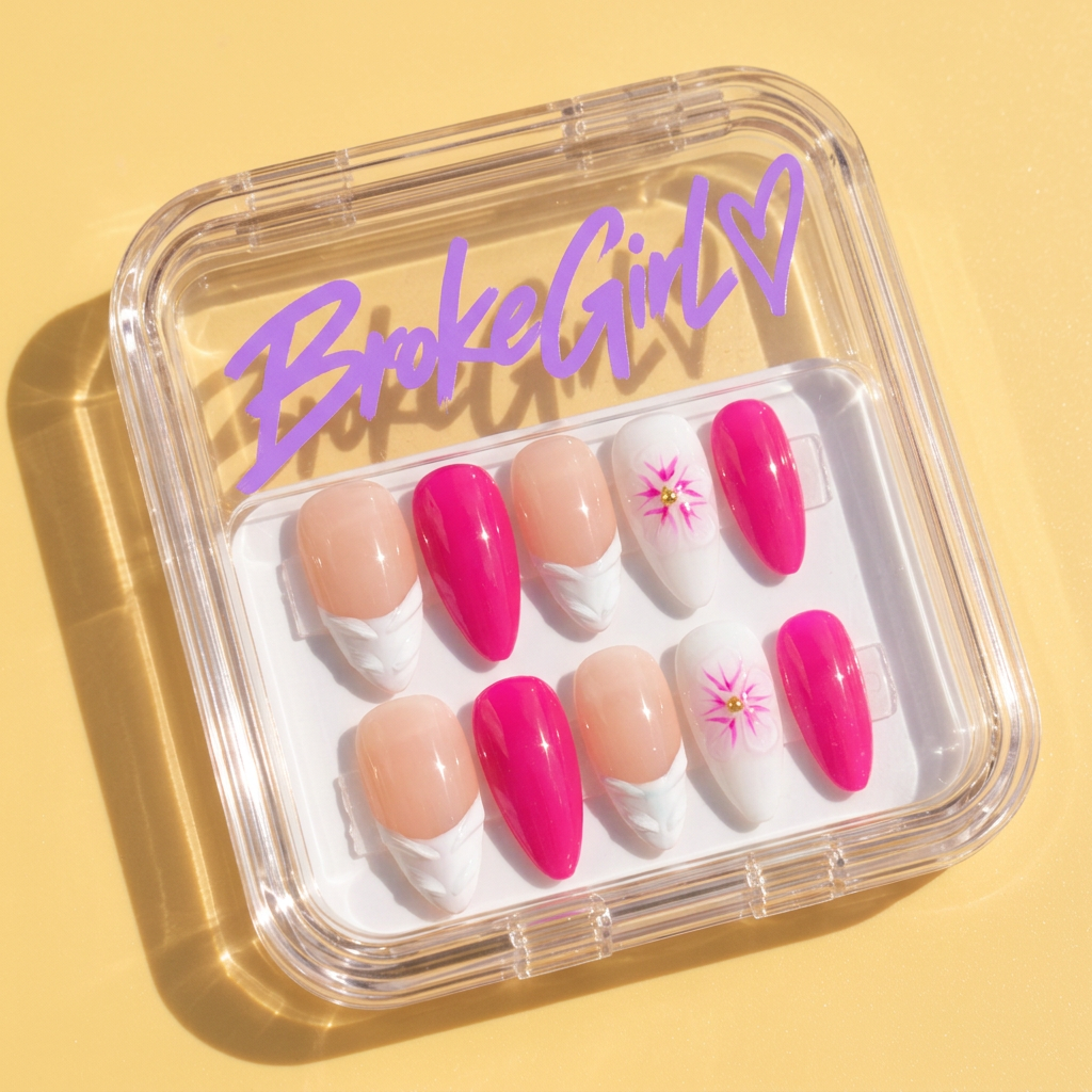 Broke Girl Pink Daisy Floral French Nails in Branded Acrylic Box