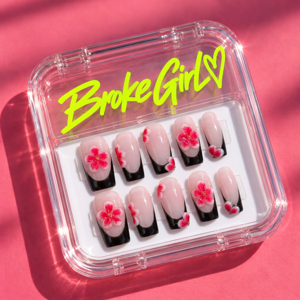 Pink Floral Medium Nails with Black Tips