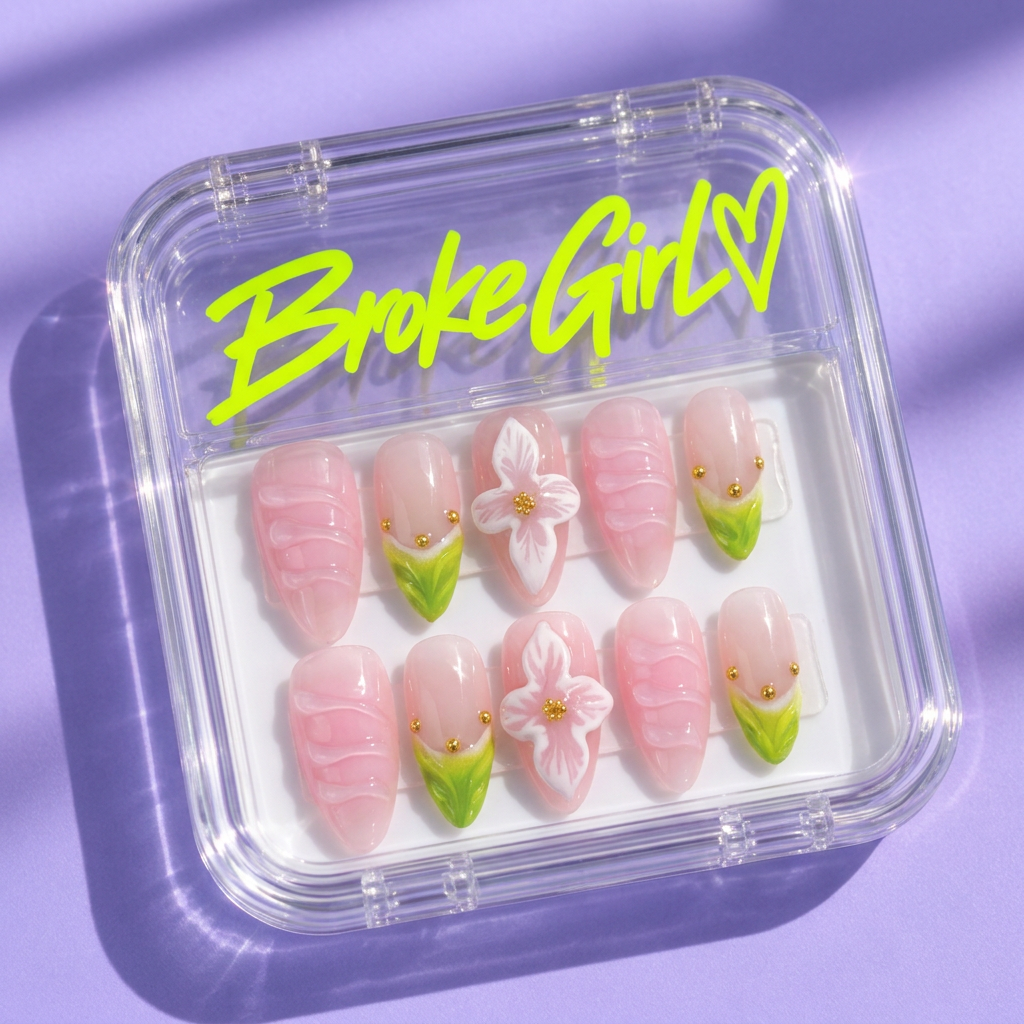 Broke Girl Pink Lily Leaf Nails in Branded Acrylic Box