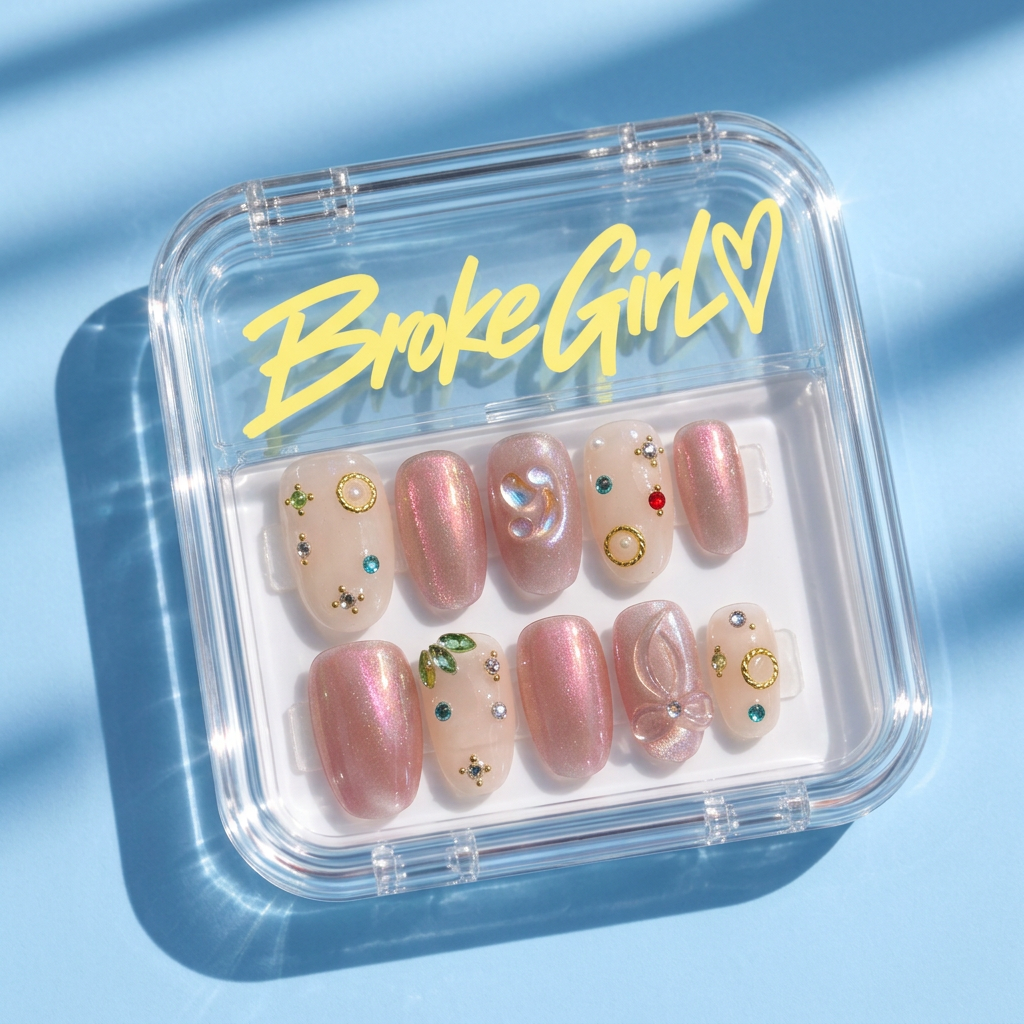 Broke Girl Pink Shimmer Pearl Nails in Branded Acrylic Box