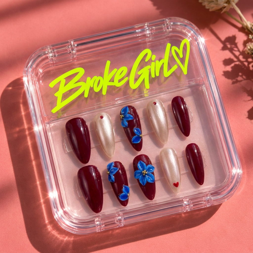Broke Girl Red Pearl Blue Floral Nails in Branded Acrylic Box