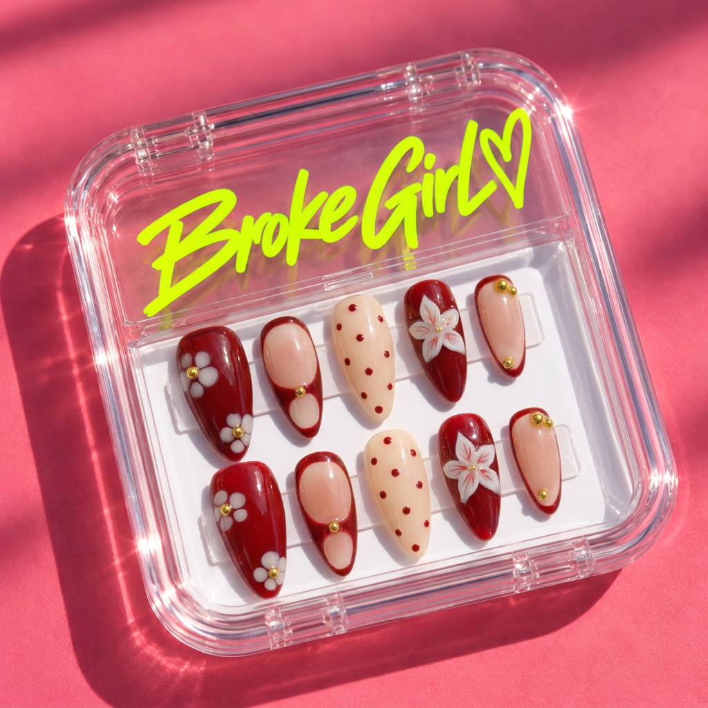 Broke Girl Retro Cherry Blossom Nails in Branded Acrylic Box