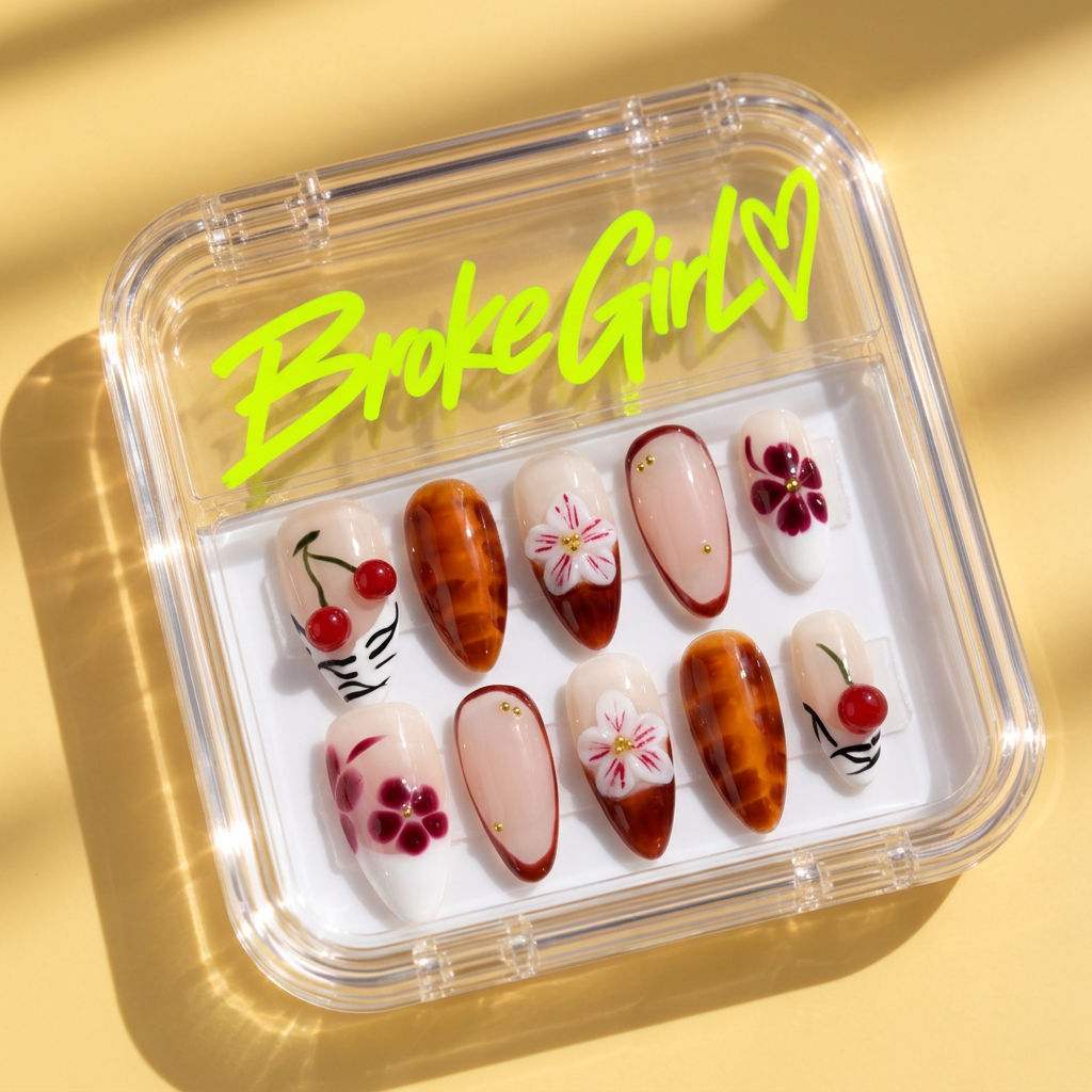 Broke Girl Sakura Cherry Autumn Nails in Branded Acrylic Box