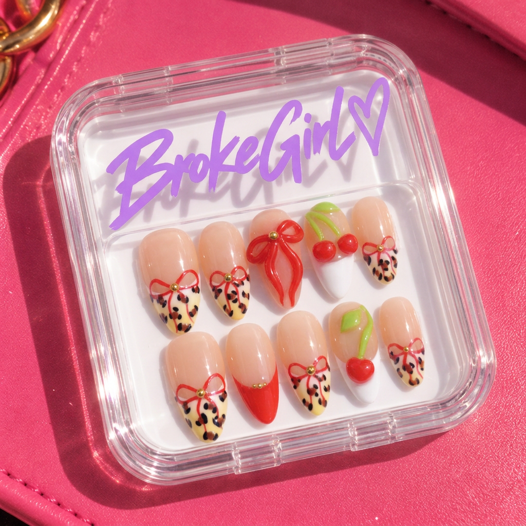 Broke Girl Sweet Cherry Bow Nails in Branded Acrylic Box