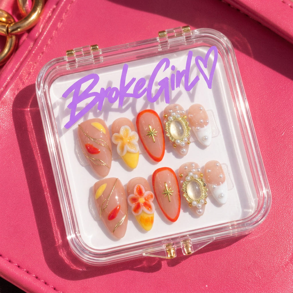 Broke Girl Tropical Flower Pearl Nails in Branded Acrylic Box