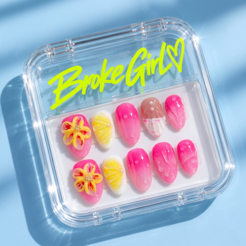 Broke Girl Tropical Pink Flower Nails in Branded Acrylic Box