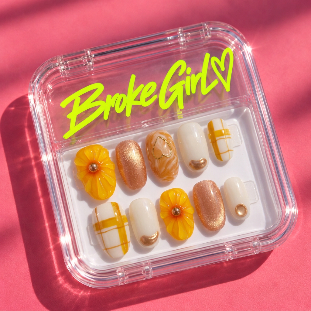 Broke Girl Yellow Plaid Flower Nails in Branded Acrylic Box