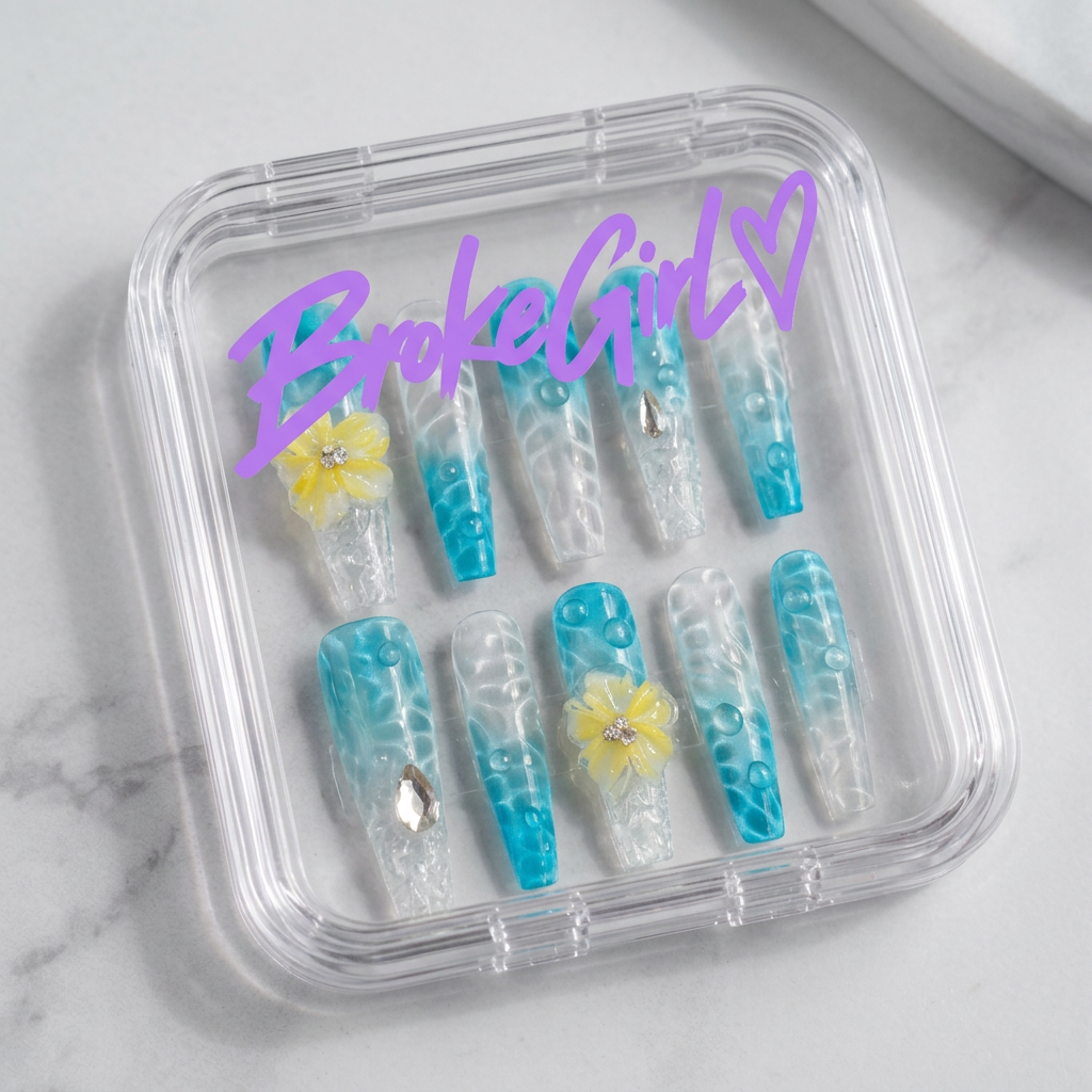 Broke Girl Aqua Bloom 3D Water Ripple Nails in Branded Acrylic Box