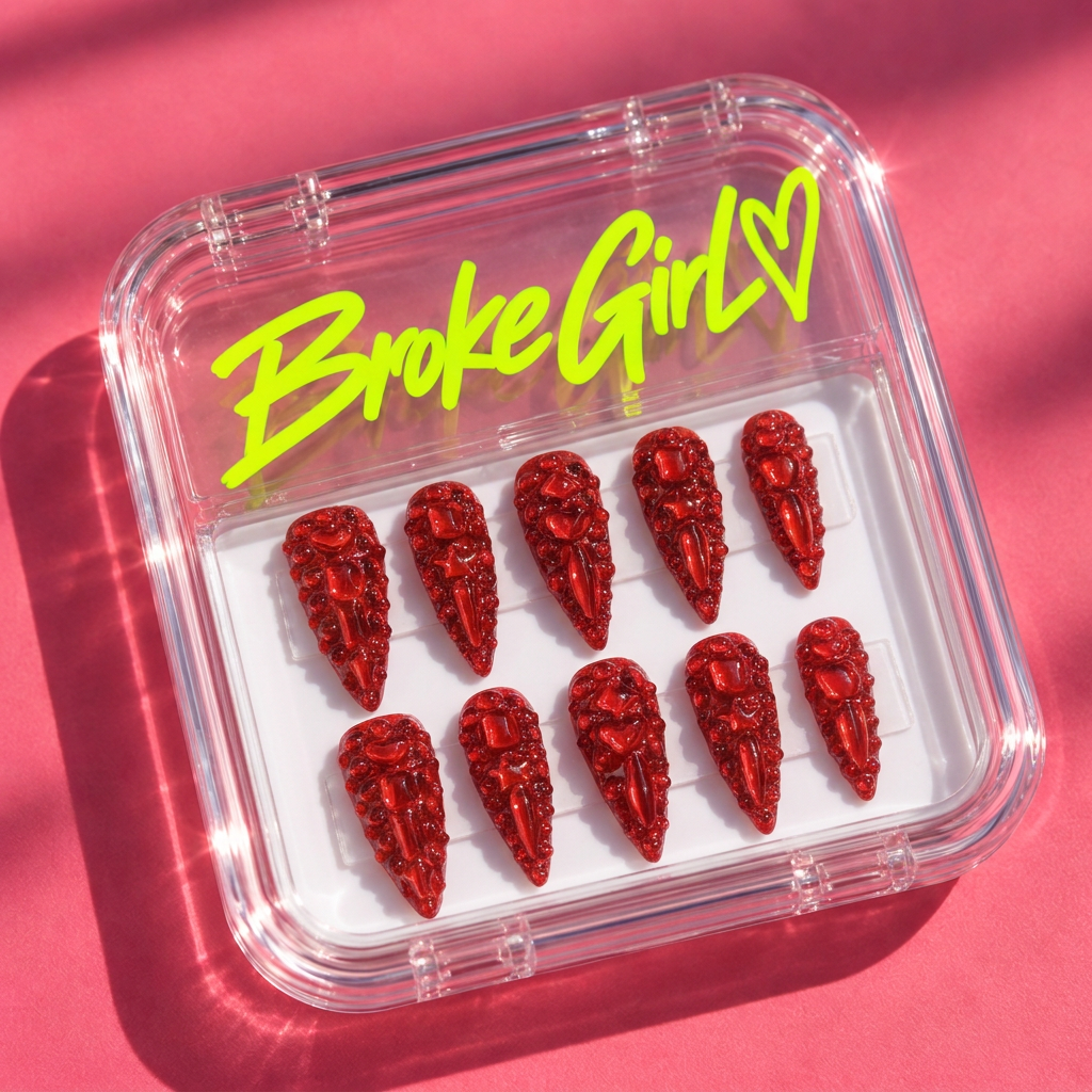 Broke Girl Crimson Queen 3D Carved Nails in Branded Acrylic Box