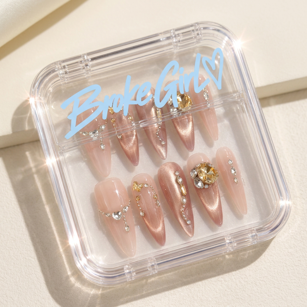 Broke Girl Champagne Cat-Eye Diamond Nails in Branded Acrylic Box