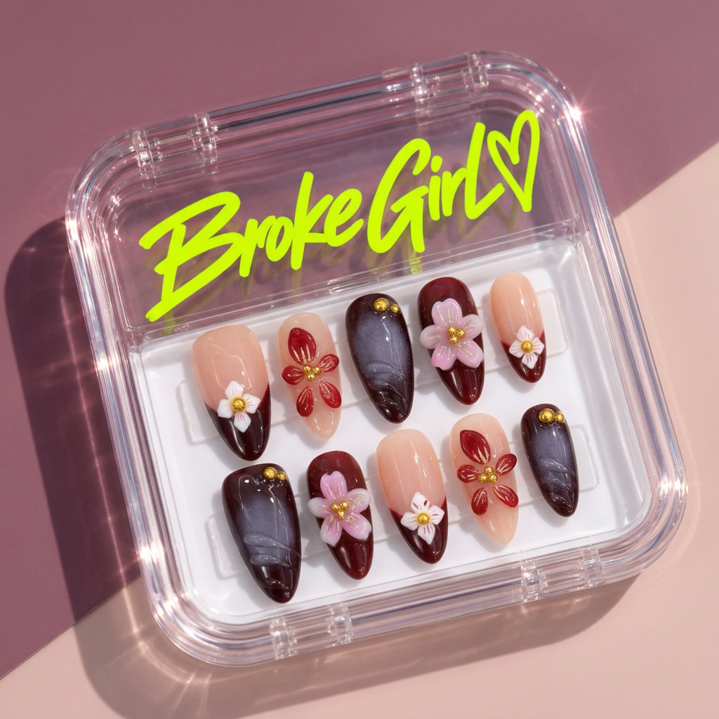 Broke Girl Elegant Plum Nude 3D Floral Nails in Branded Acrylic Box